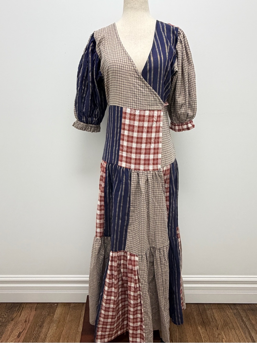 Daughters of India Poet Patchwork Wrap Blue Red Dress Size Small - Picture 2 of 14
